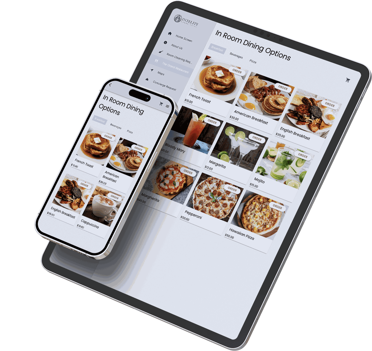 In Room Dining menu shown on a room tablet and on a guest phone, with dish cards and an order button on each