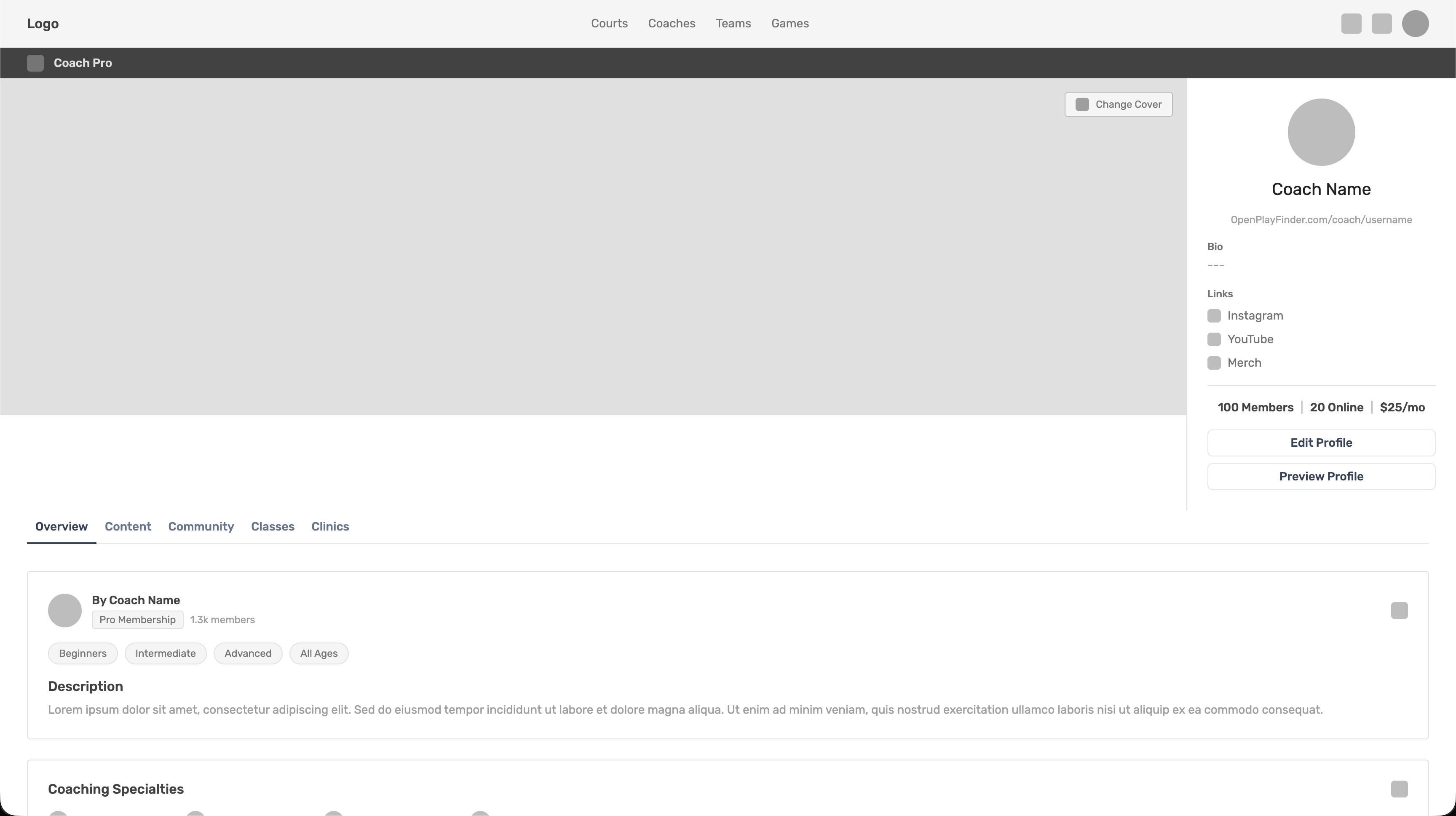 Coach Pro profile wireframe