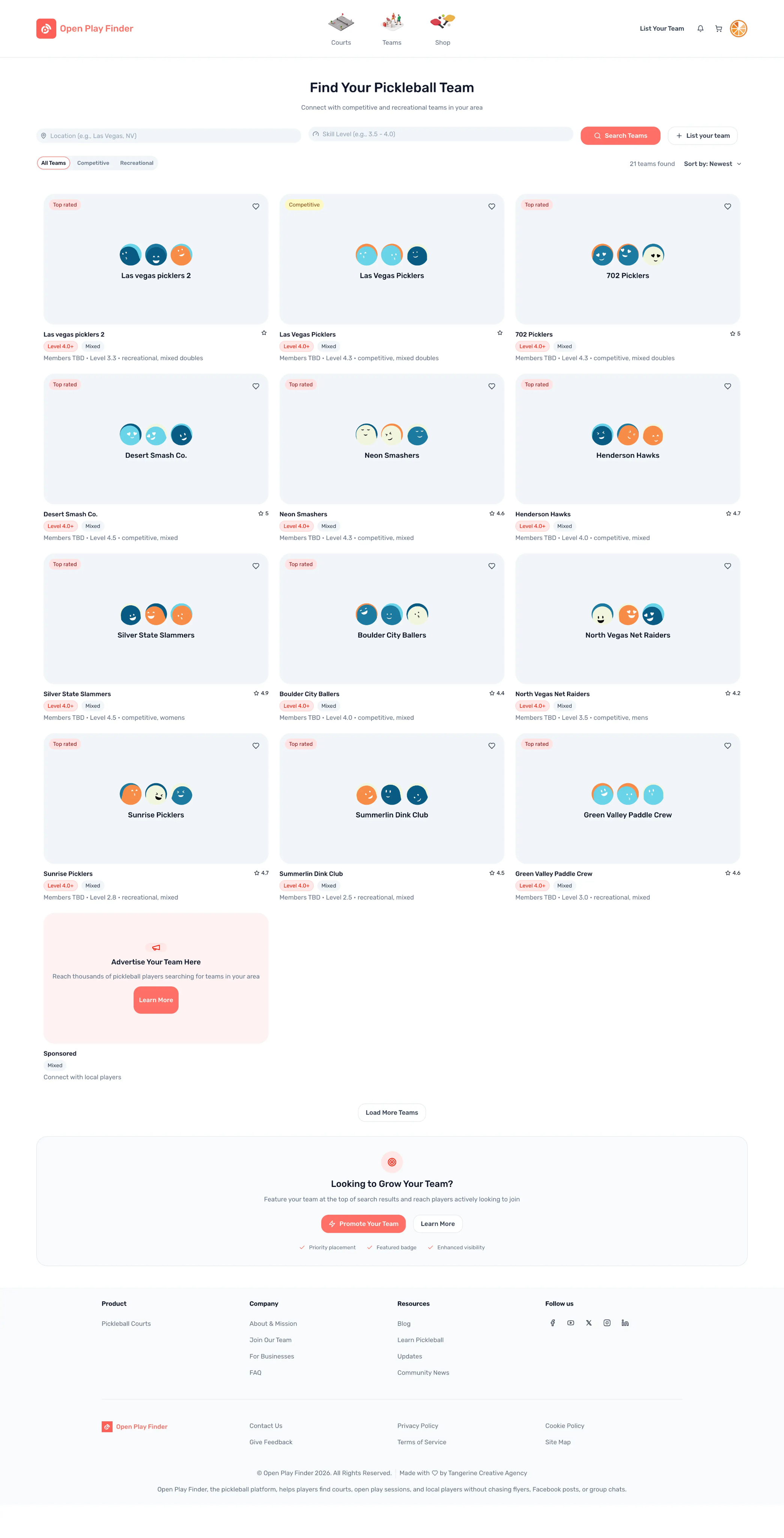 Open Play Finder teams page