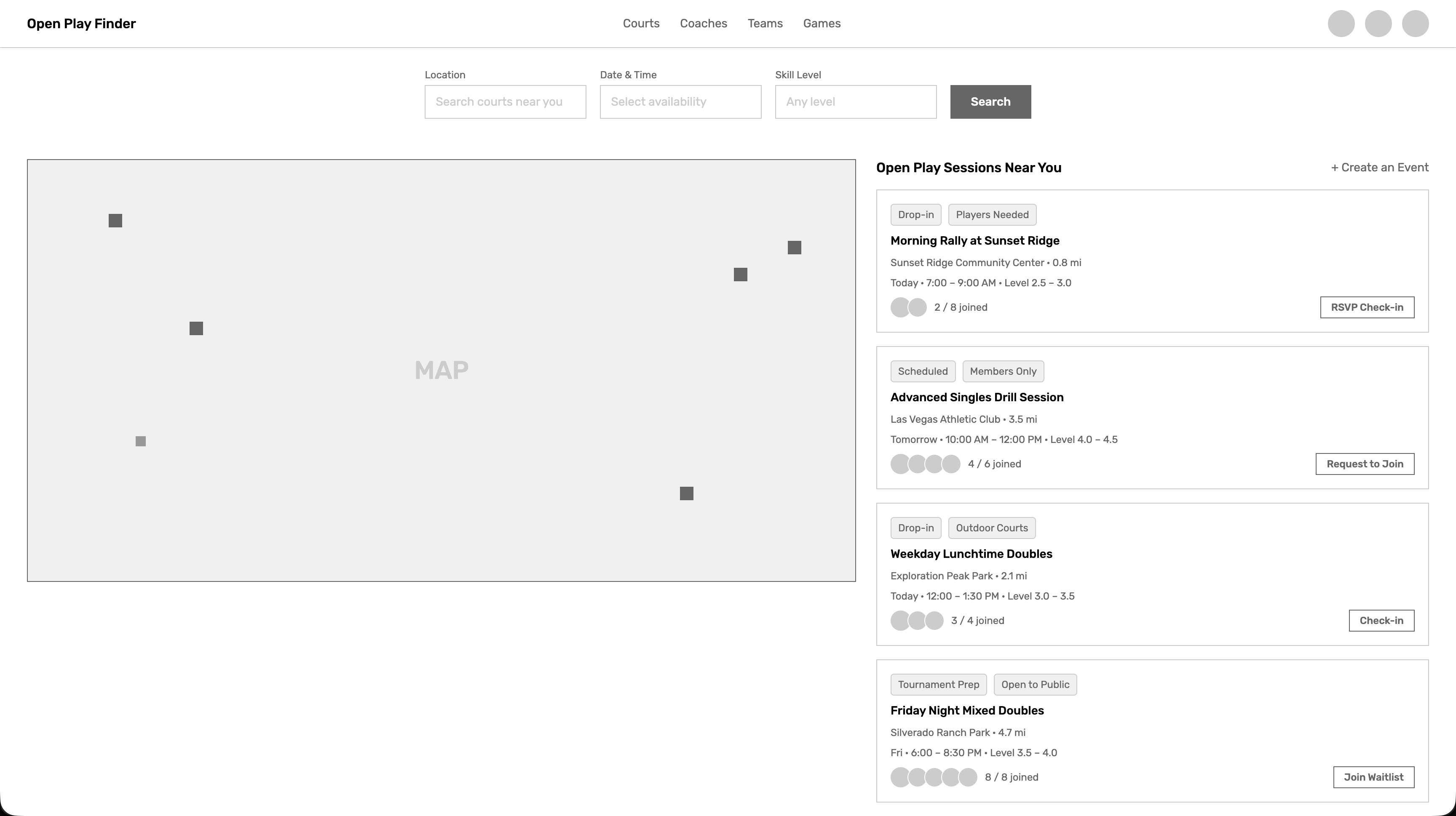 Search & open-play sessions wireframe