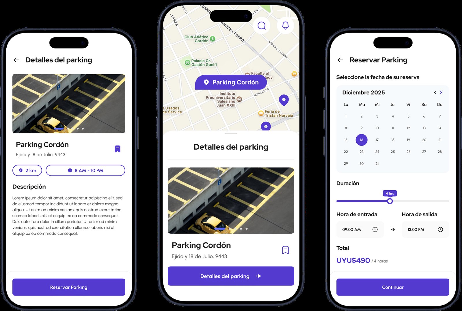 Wisepark mobile app screens